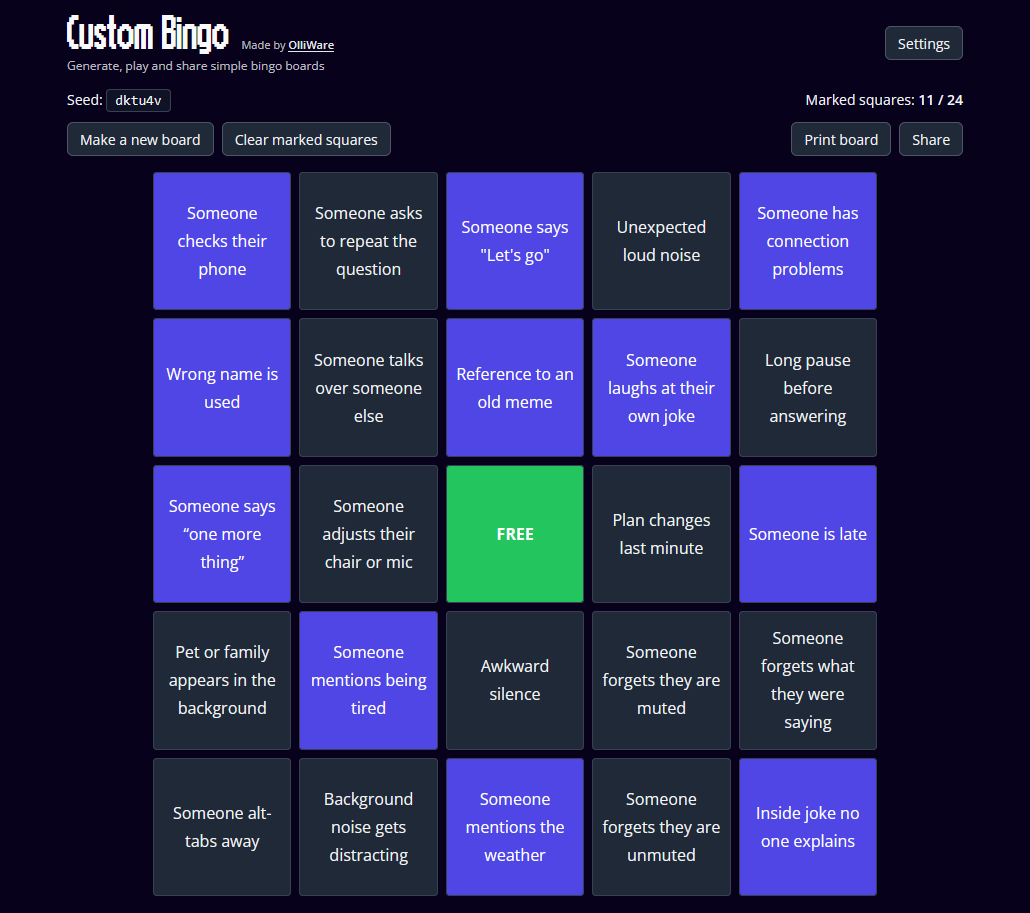 Screenshot of Custom Bingo project