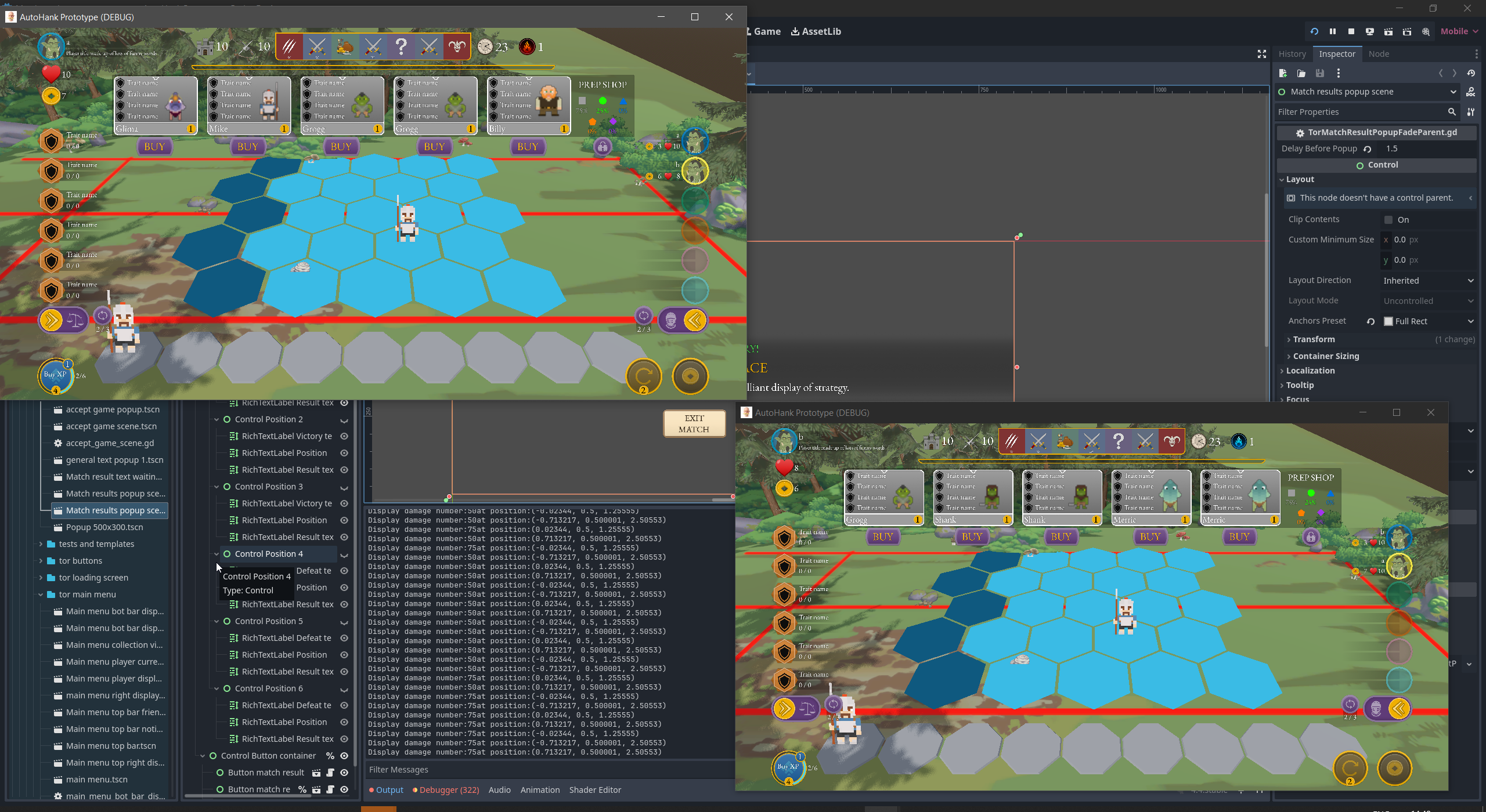 Godot editor with two Battles of Prophecy clients running live PvP against a server node