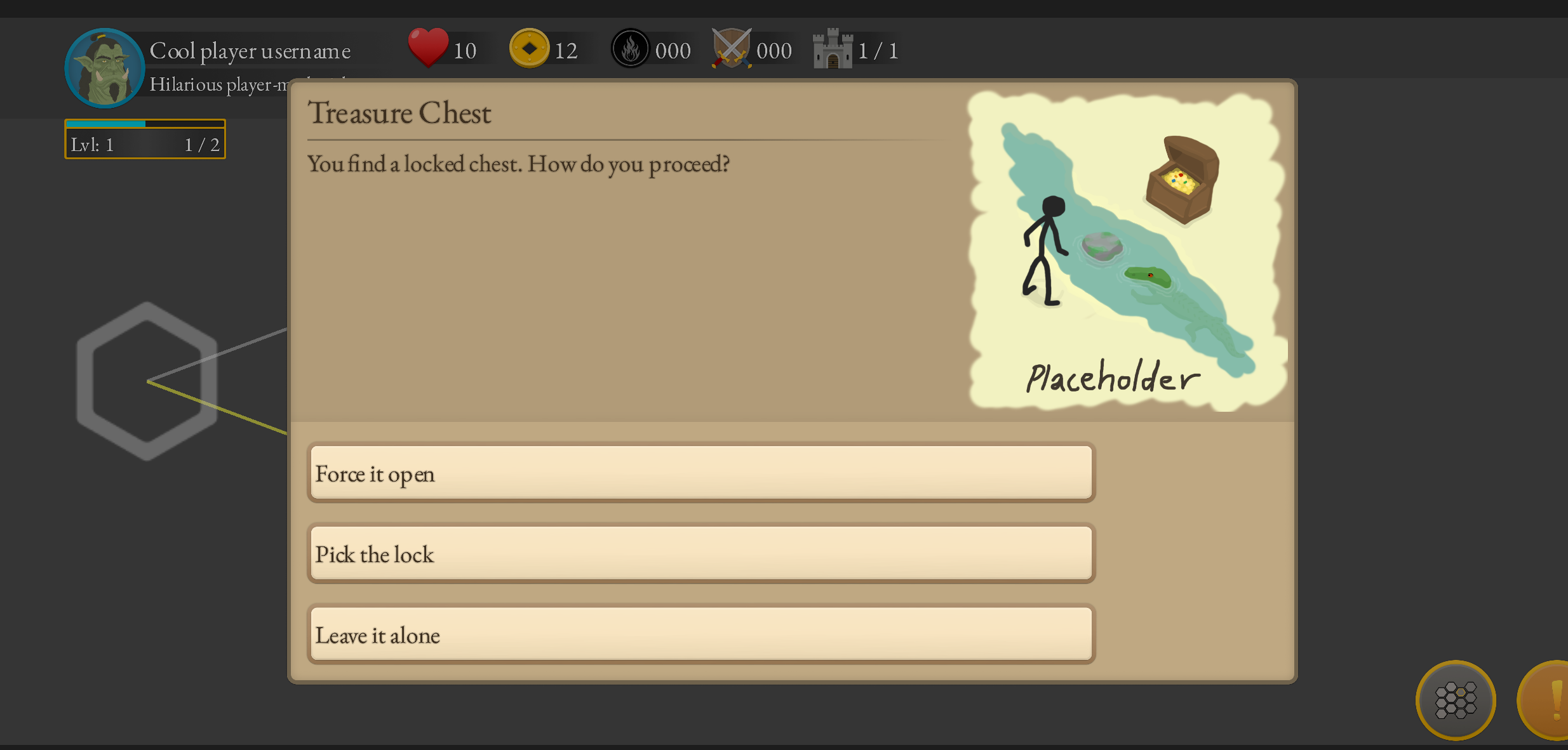 Battles of Prophecy random encounter dialogue: a locked treasure chest with three choices