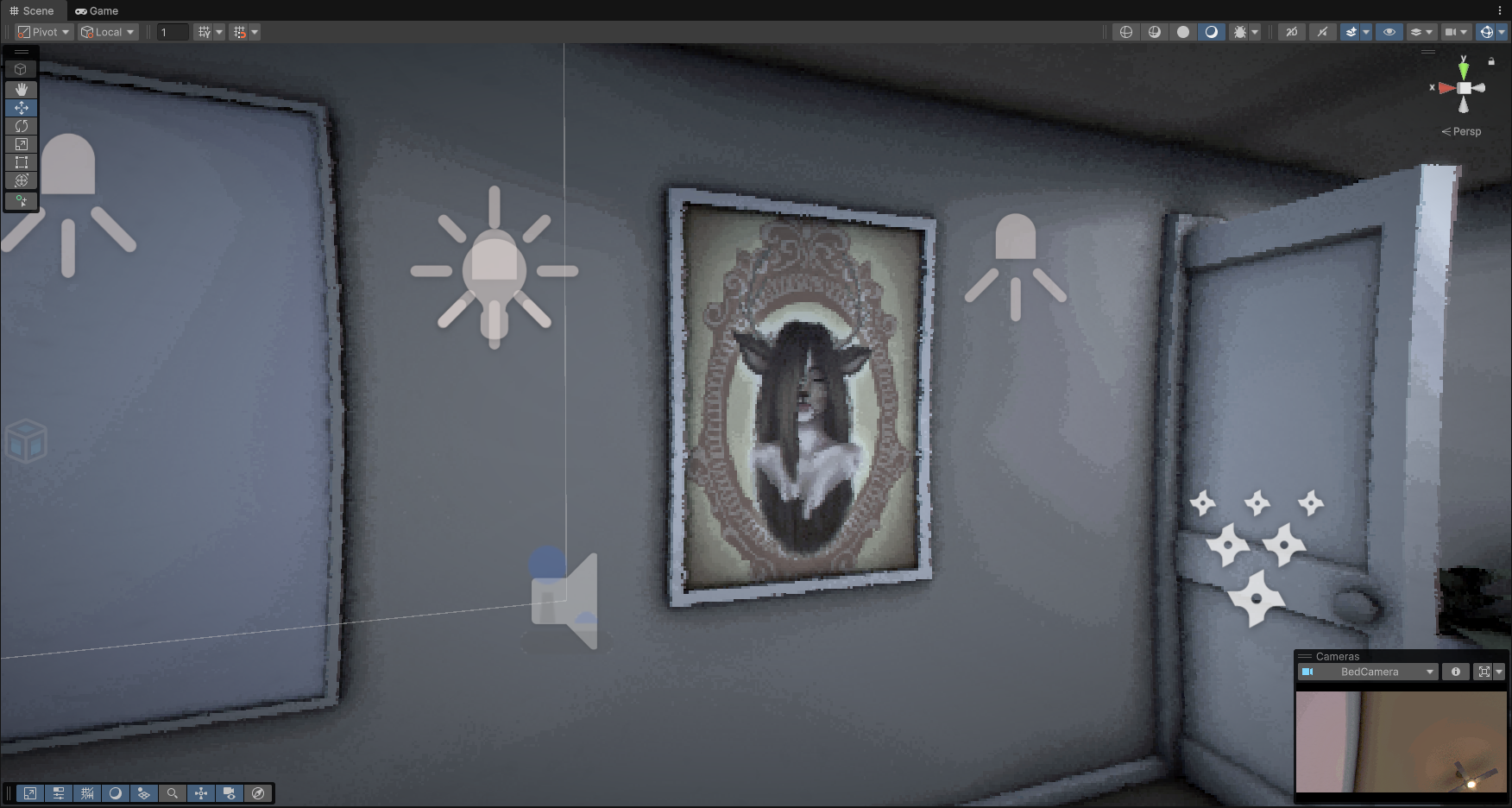 Unity scene view of the bedroom set with lighting gizmos