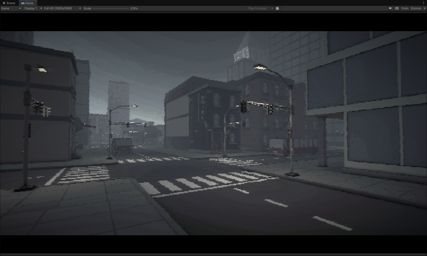 Deserted city street at dusk in the Unity game view