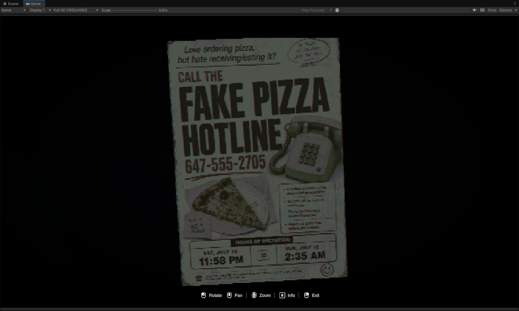 Fake Pizza Hotline flyer shown in the in-game 3D inspector