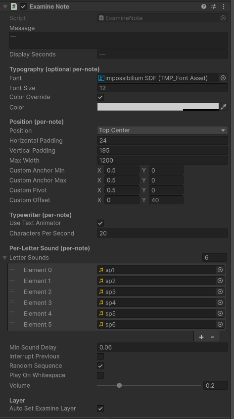 Unity inspector for the custom Examine Note component