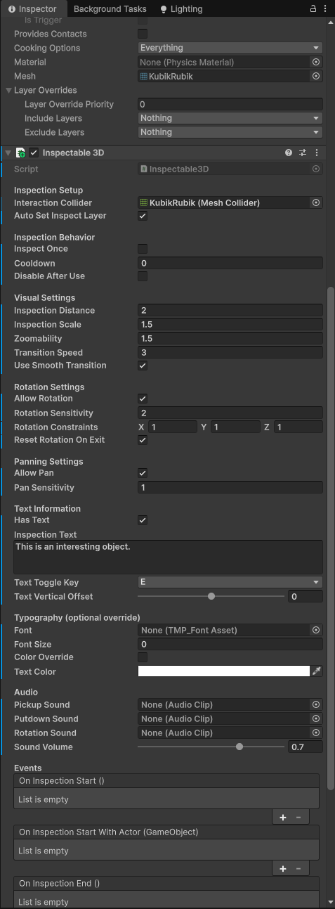 Unity inspector for the custom Inspectable3D component