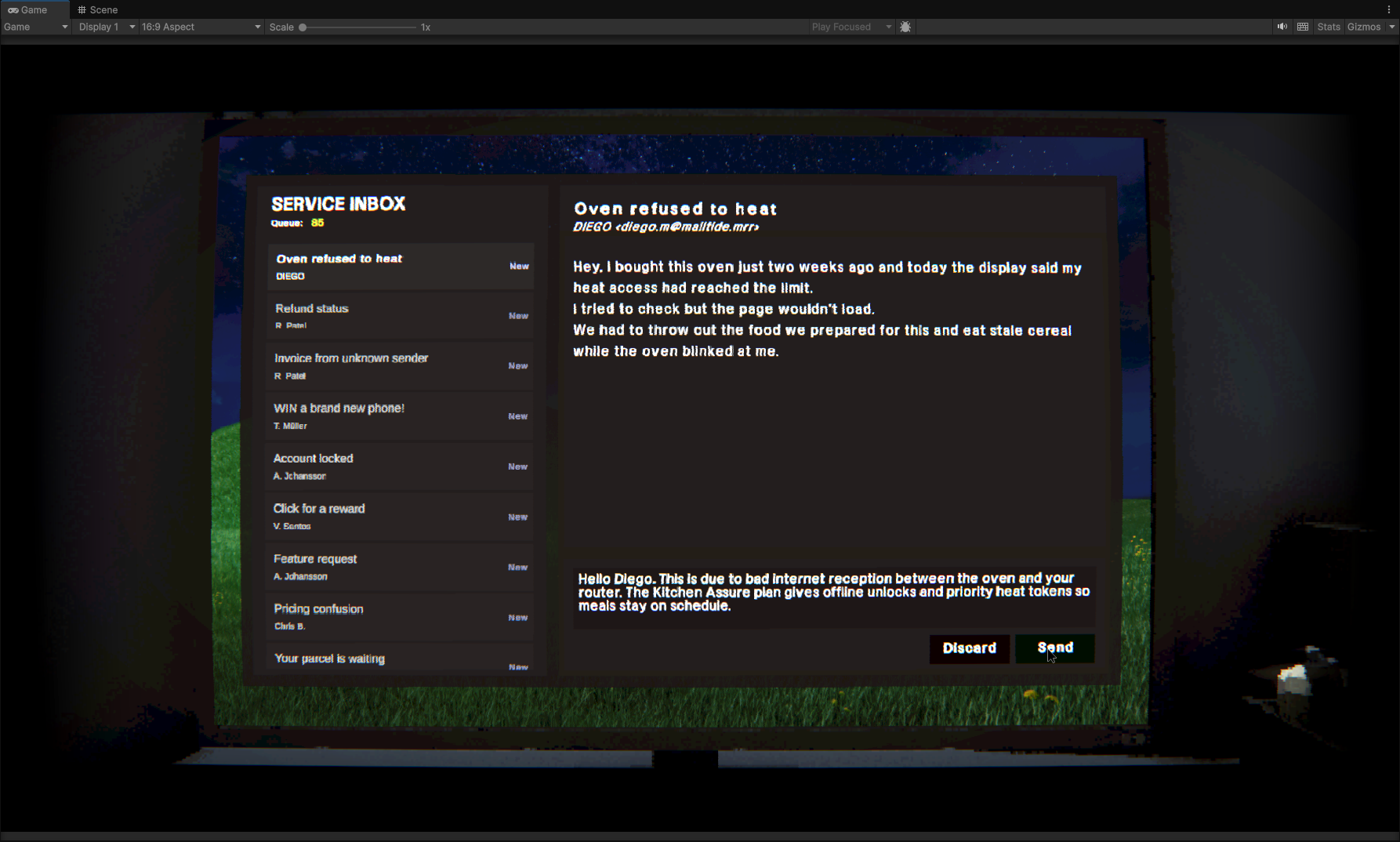 Service Inbox ticket queue in the Unity game view